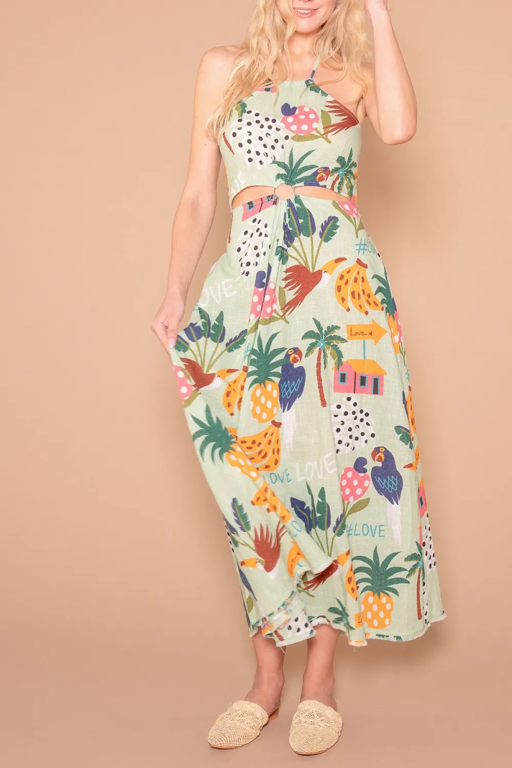 Green Tropical Print Belted Maxi Dress
