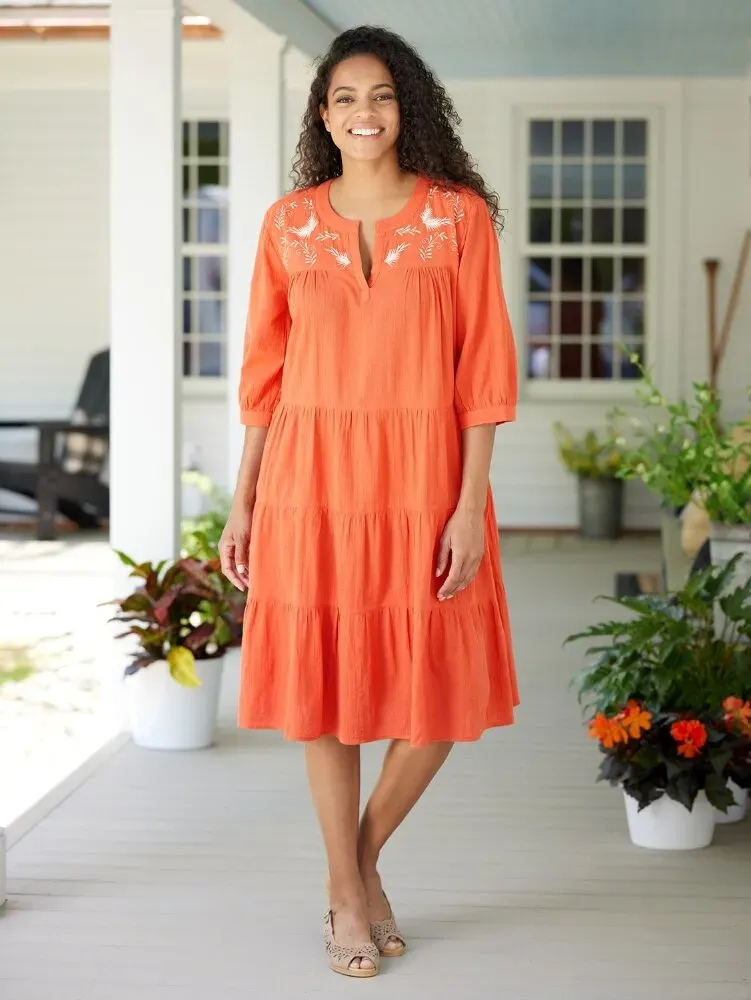 Embroidered Leaves Crinkle Cotton Tiered Dress