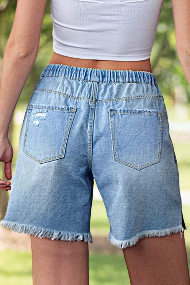 Raw Hem Ripped Split Detail Drawstring Mid Waist Denim Mid Thigh Shorts