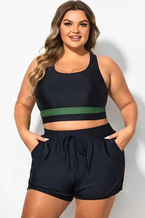 Plus Size Round Neck Green Patchwork Bikini Top