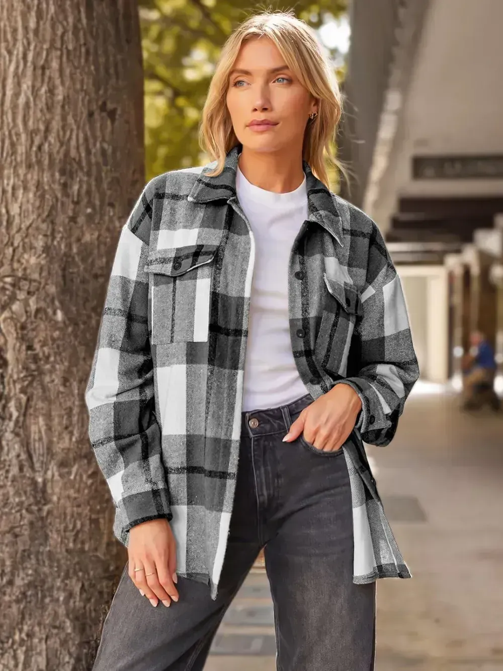 Womens Casual Plaid Shacket Button Down Long Sleeve Shirt