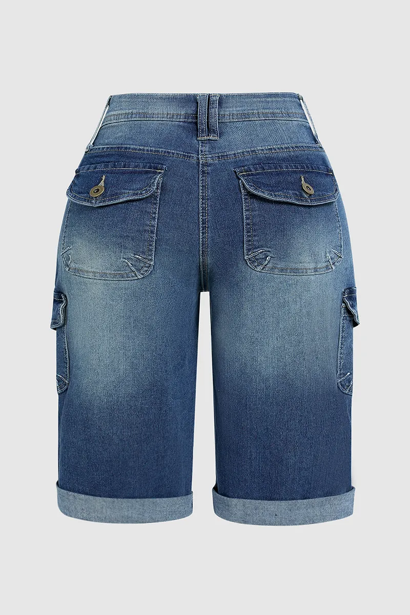 Flap Pocket Roll Hem Bermuda Denim Shorts Without Belt