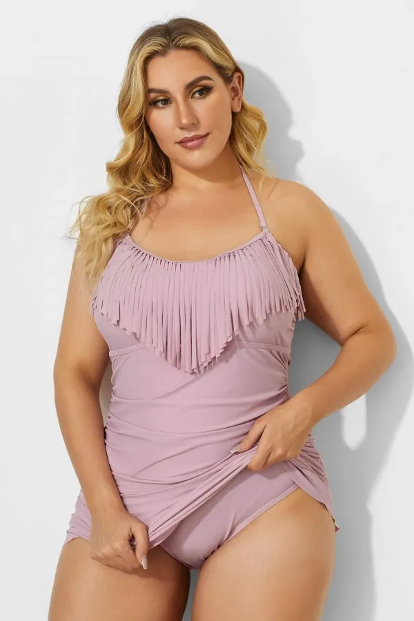 Solid Black Fringe Ruffle Hem Bandeau Swimdress