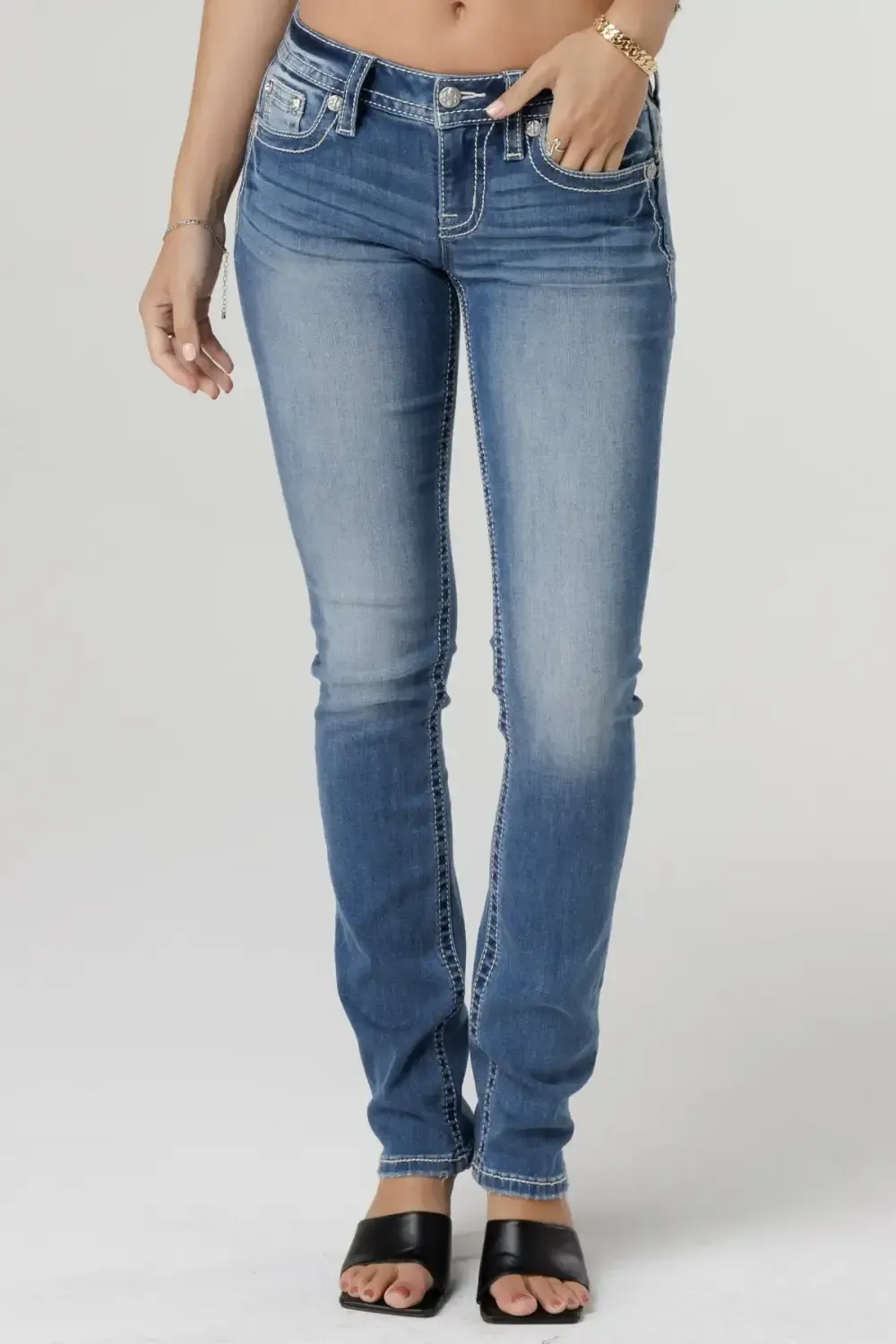 Glimmering Cross-Stitch Straight Jeans