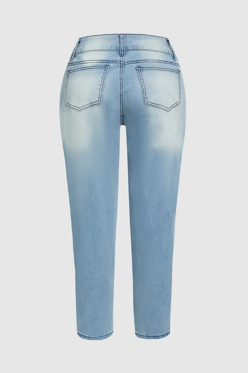 Double Button Roll Hem Low Waist Jeans