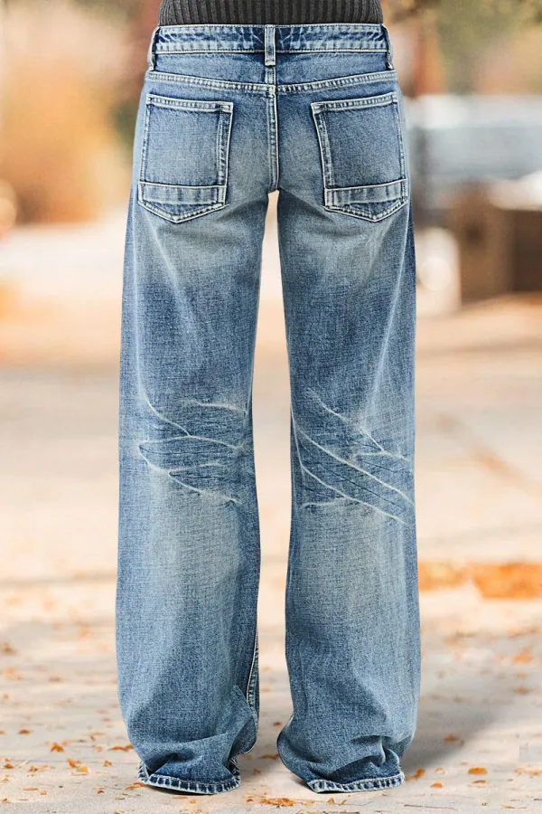 Wash Mid Waist Straight Leg Jeans Without Belt