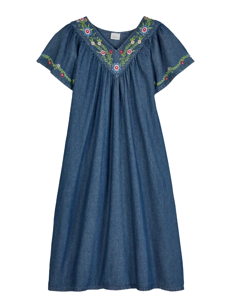 Embroidered Cotton Denim Muumuu With Flutter Sleeves