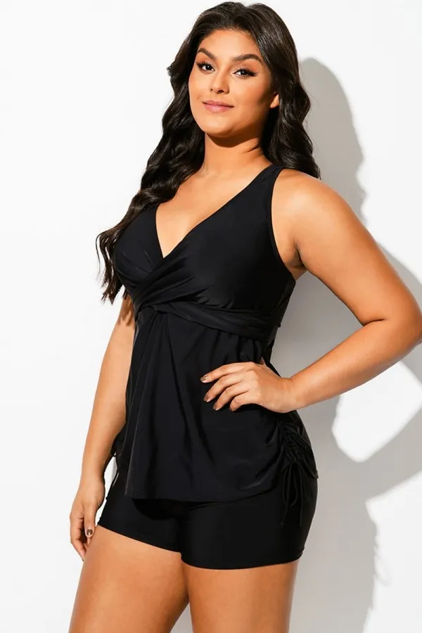 Solid Drawstring Side Adjustable Strap Tankini Top