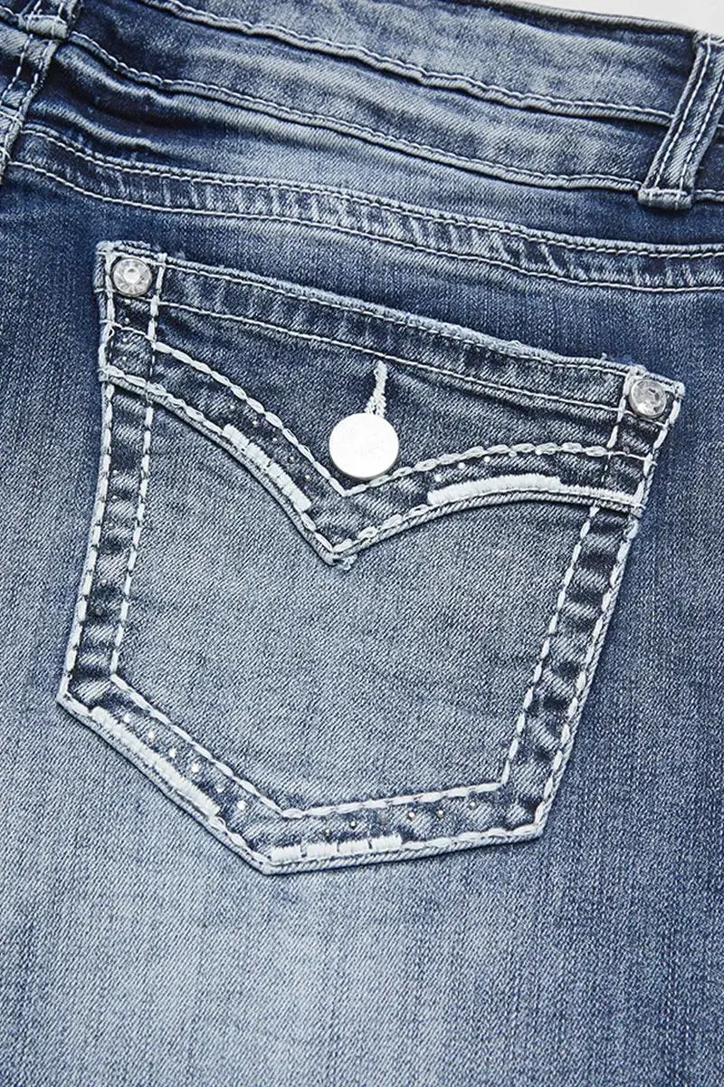 Ripped Roll Hem Double Button Mid Waist Denim Bermuda Shorts