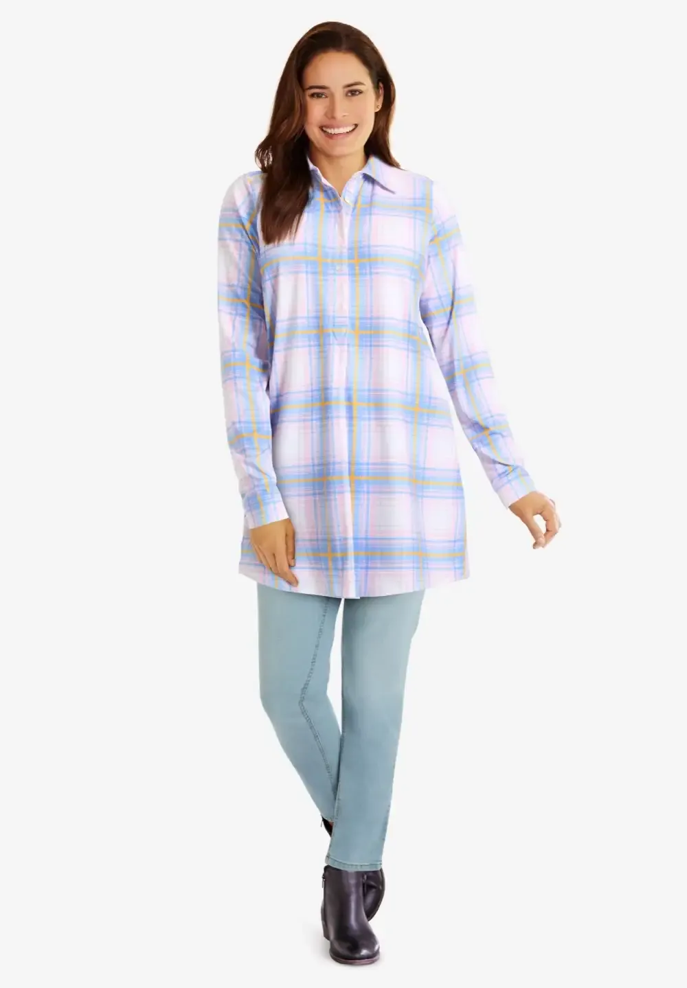 Plaid Knit Tunic With Collar