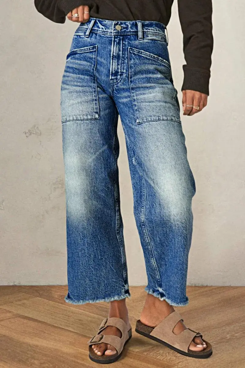 Wash Raw Hem High Rise Wide Leg Jeans