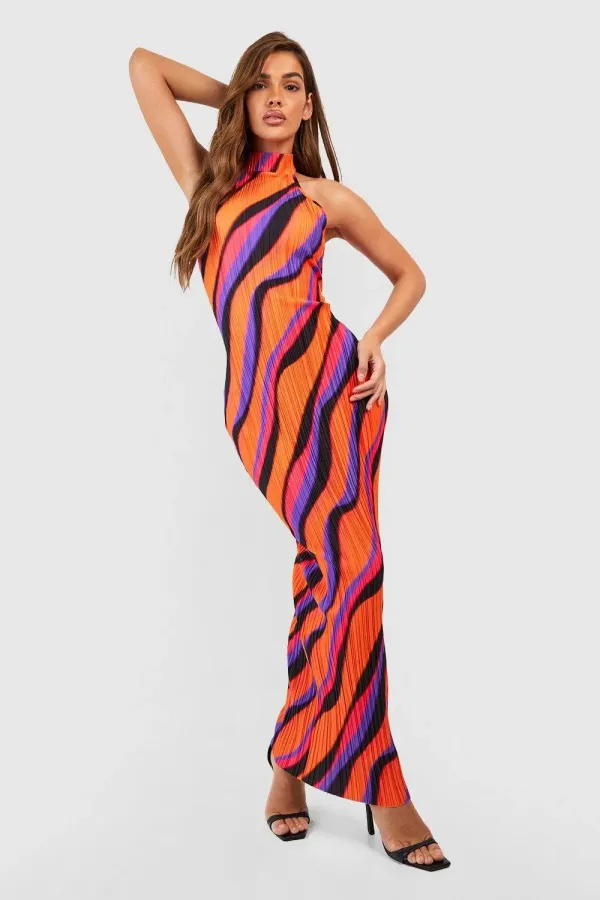 ABSTRACT PRINTED PLISSE HALTERNECK MAXI DRESS-ORANGE