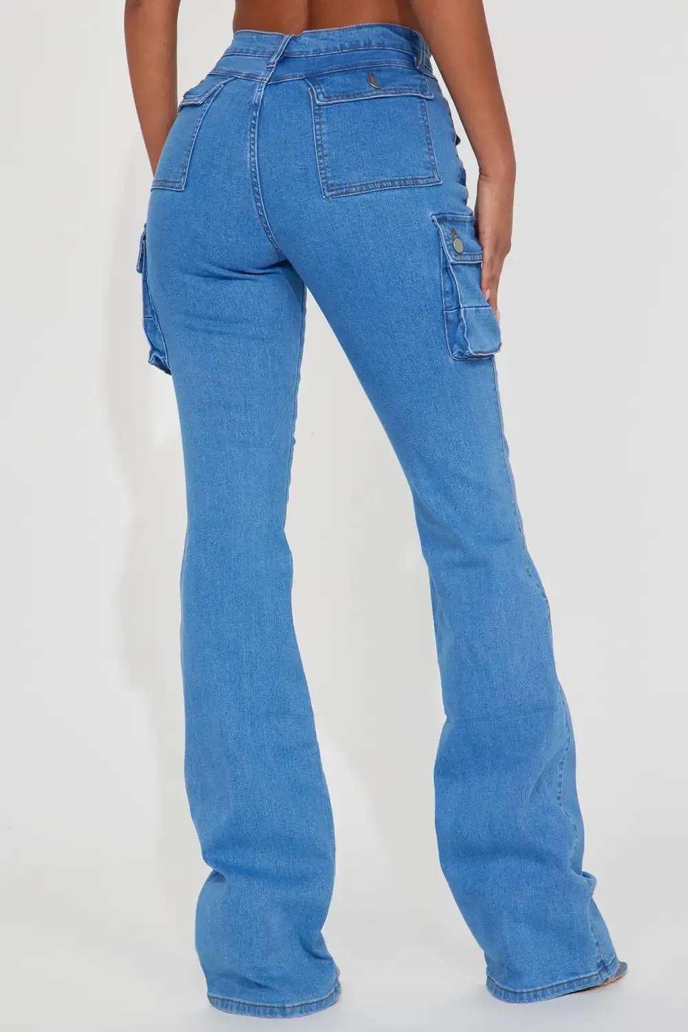 Tall Late Nights Mid Rise Cargo Flare Jeans - Medium Blue Wash