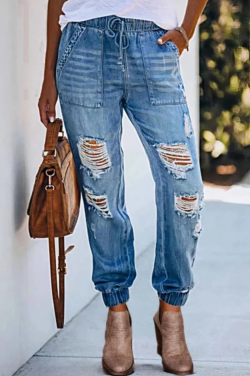 Cut Out Slant Pocket Drawstring Mid Rise Straight Leg Cropped Jeans