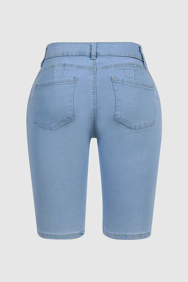 Wash Zip Design Mid Waist Denim Bermuda Shorts