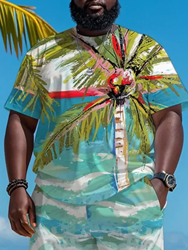 Big & Tall Men'S Hawaiian Coconut Flower Graffiti Print Round Neck Short Sleeve T-Shirt Shorts Suit