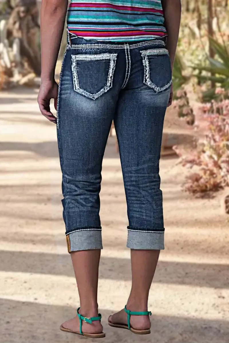 Ripped Roll Hem Wash Stretchy Low Waist Capri Jeans