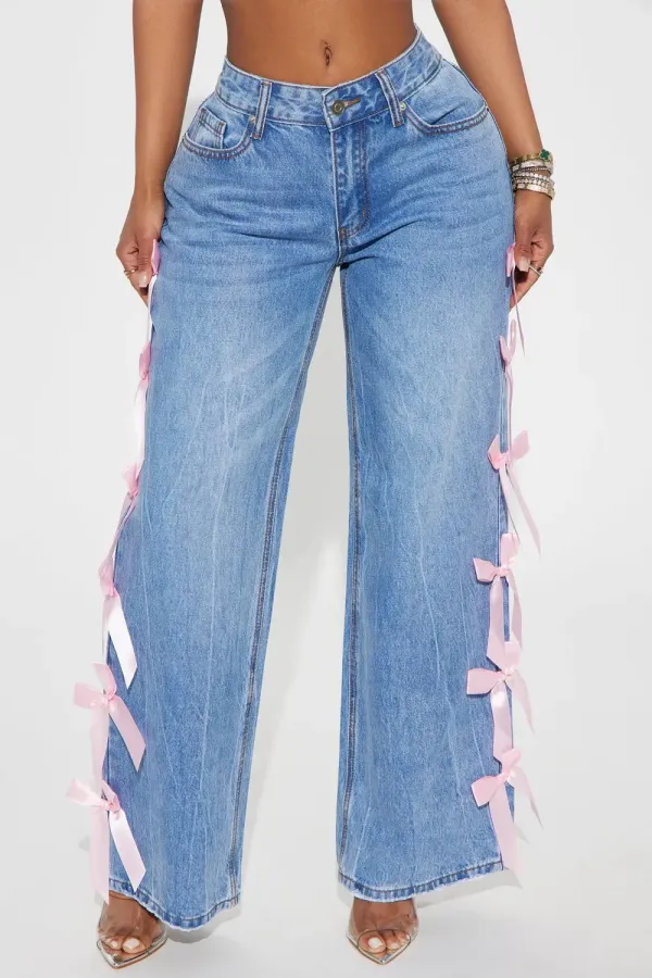 Dremi Ribbon Bow Non Stretch Wide Leg Jeans - Medium Wash
