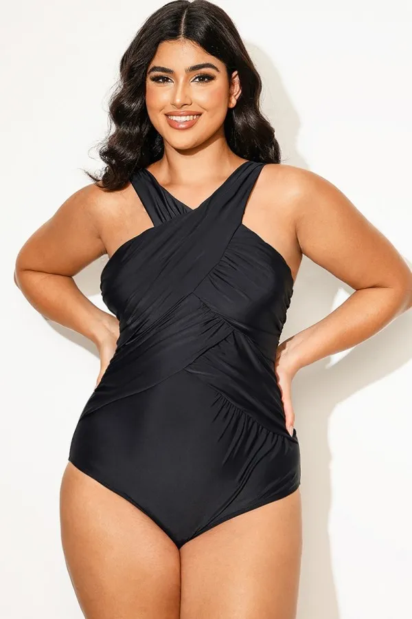 Black Cross Front V-Neck One Piece Swimsuit