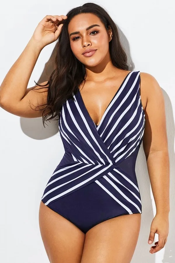 Black V-Neck Streak Modern One Piece Swimsuit