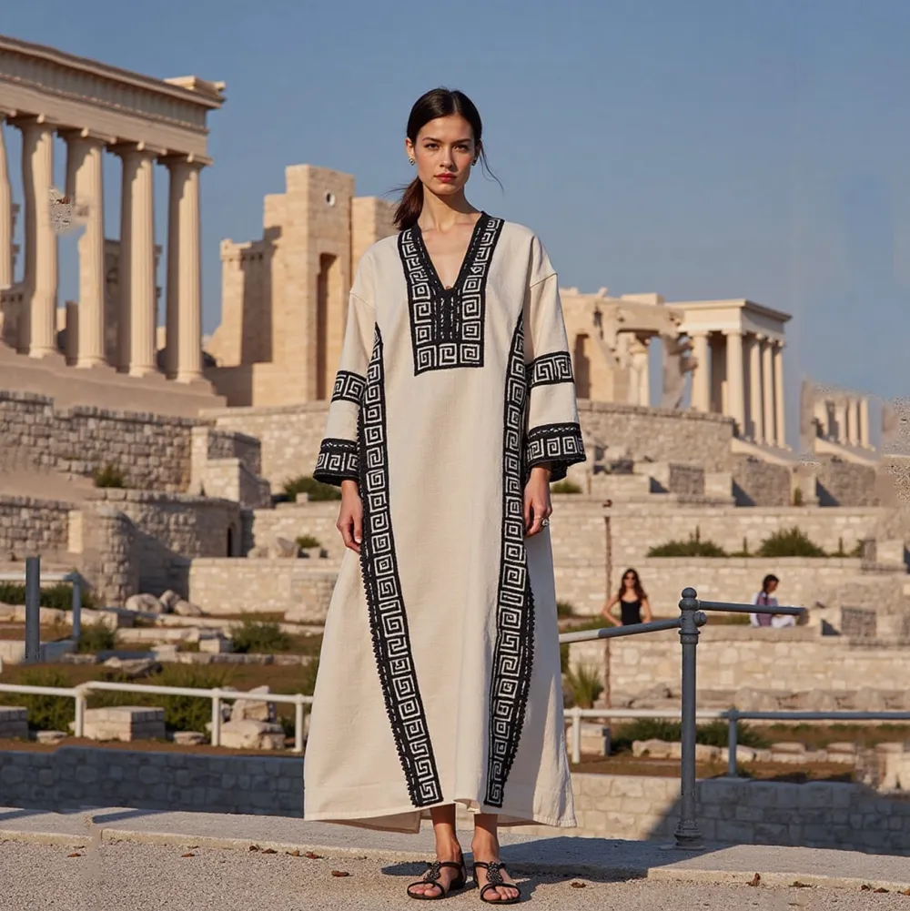 Lace Greek Key V Neck Linen Blend Midi Dress