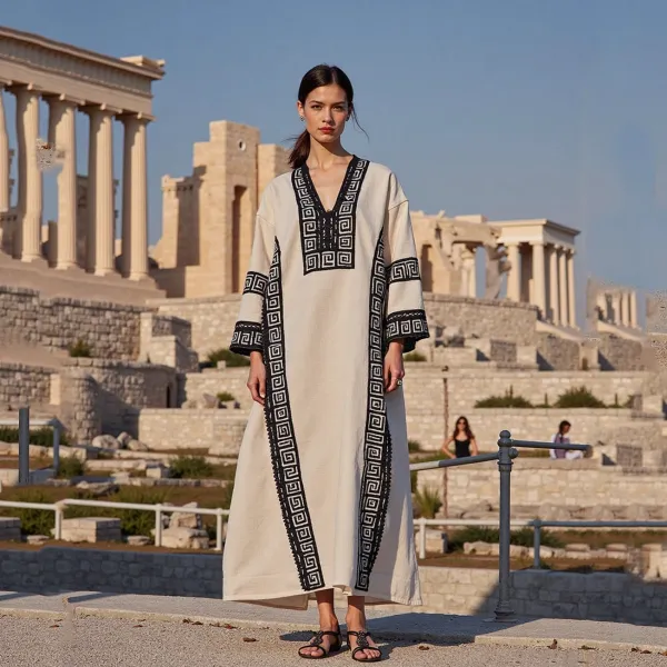 Lace Greek Key V Neck Linen Blend Midi Dress
