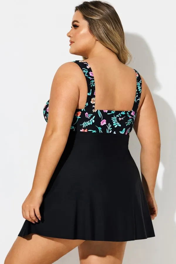 Plus Size Floral Print V-Neck Layered Swimdress
