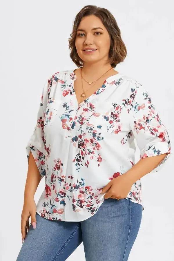 V-Neck Floral Print Pullover 3/4 Sleeve Blouse