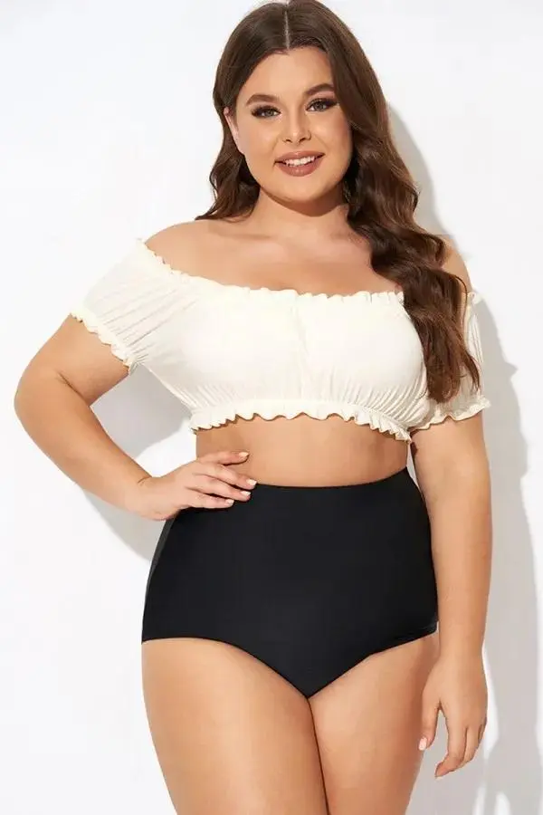 Retro White Ruffles Bardot Sleeves Bikini Top