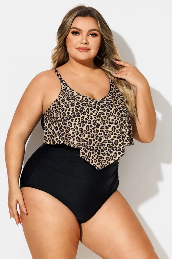 Leopard Print V-Neck Ruched Hem One Piece Swimsuit