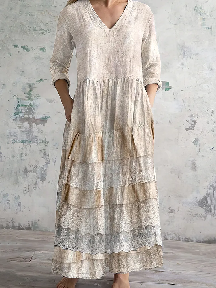 Vintage Embroidered Lace Art Women's Linen Dress