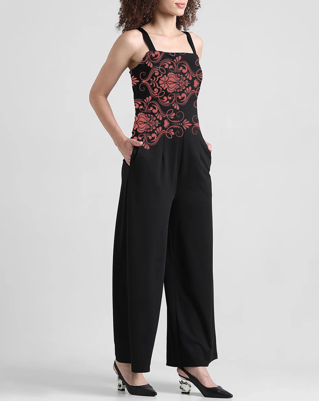 Black Spaghetti Strap Floral Embroidery Jumpsuit