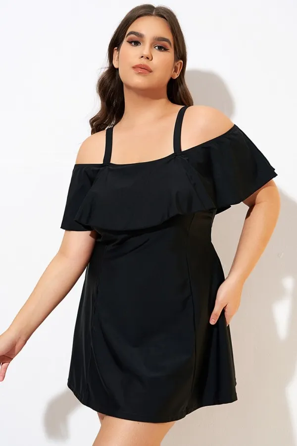 Solid Black Adjustable Straps Women Swimdress