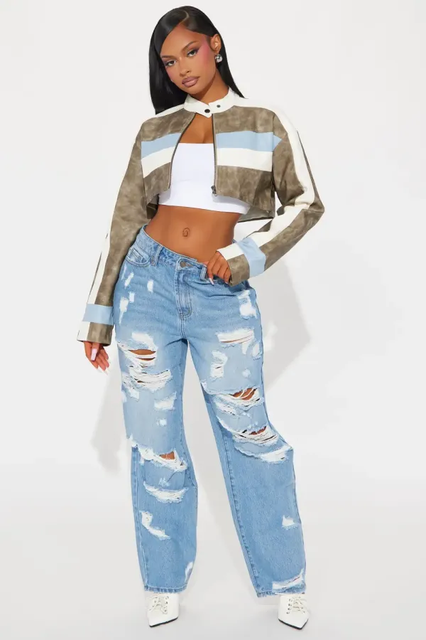 Between The Lines Washed Faux Leather Jacket - Grey/combo