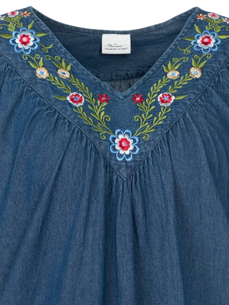 Embroidered Cotton Denim Muumuu With Flutter Sleeves