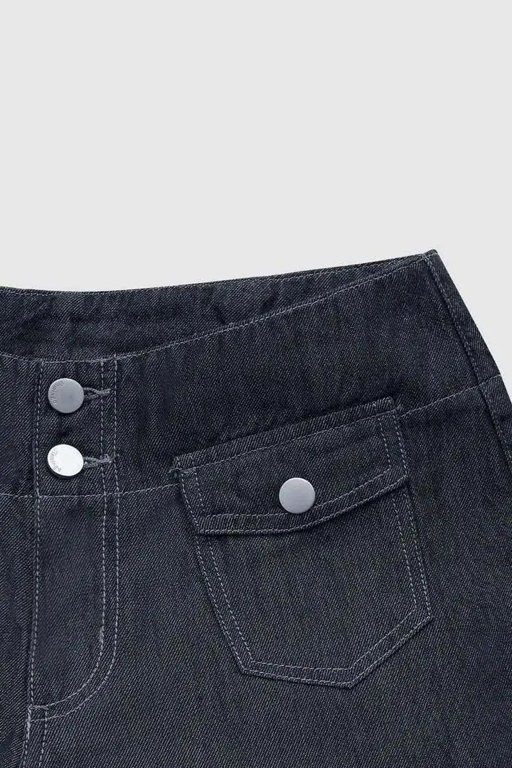 Flap Pocket Front Double Button Low Waist Wide Leg Jeans