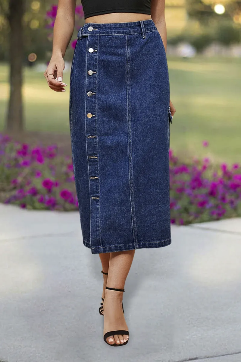Button Fly Split Mid Waist Midi Denim Skirt