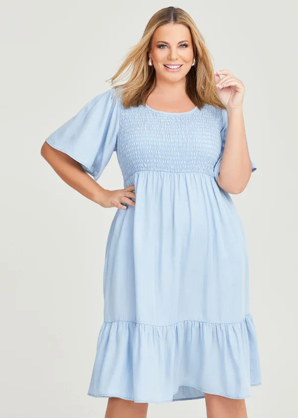 Natural Chambray Shirred Dress