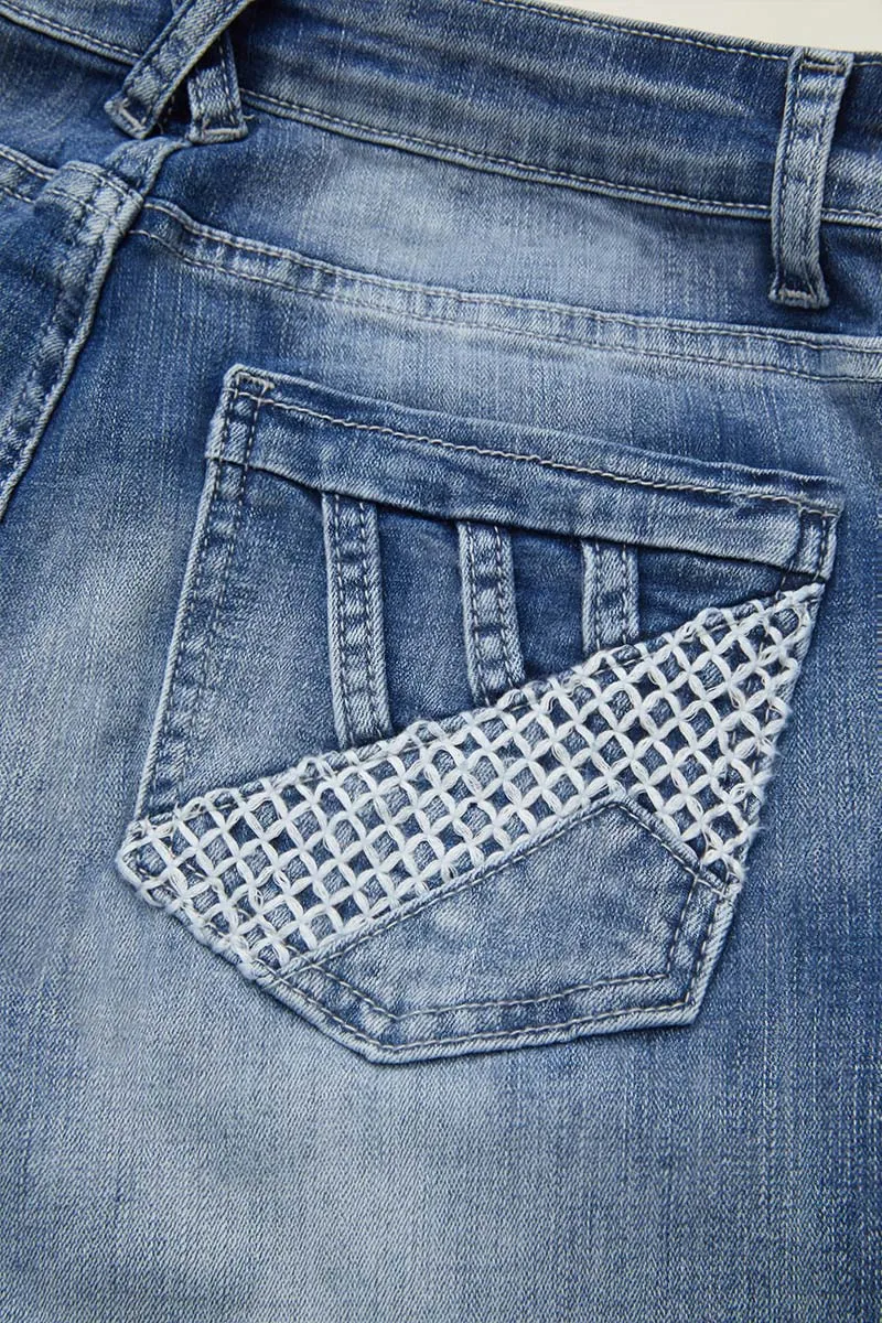 Embroidered Pocket Buttoned Hem Mid Waist Bootcut Jeans Without Belt