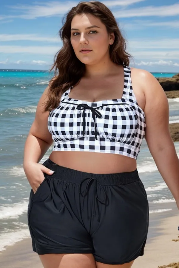 Retro Gingham Wireless Ruched Cups Crossback Bikini Top
