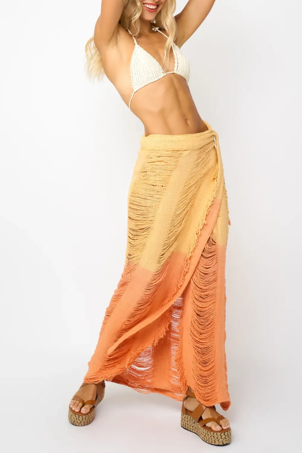 Orange Ombre Lace Trimmed Maxi Skirt