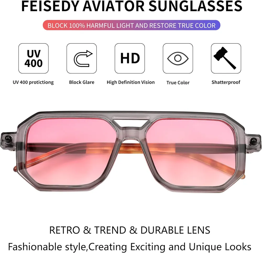 FEISEDY Vintage Square 70s Flat Aviator Sunglasses Women Men Classic Retro Stylish Frame UV400 Sunglasses B2622