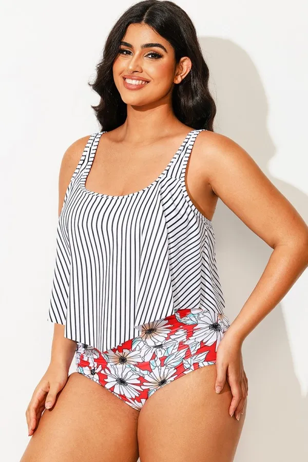 Striped Scoop Neck Ruched Flounce Blouson Tankini Top