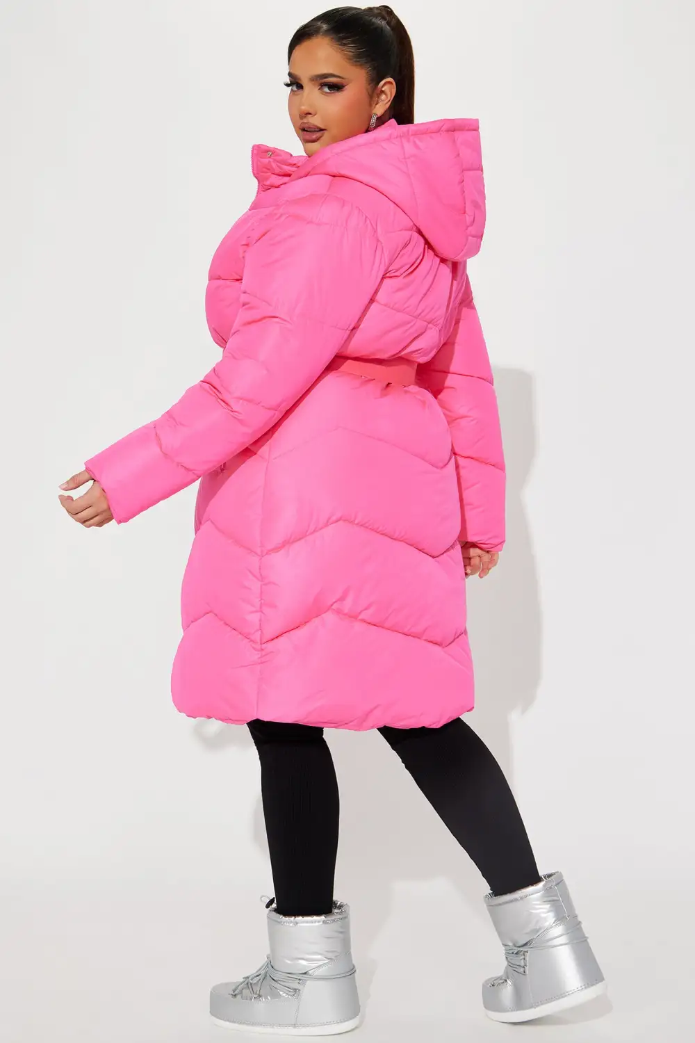 Snow Style Belted Puffer Jacket - Hot Pink