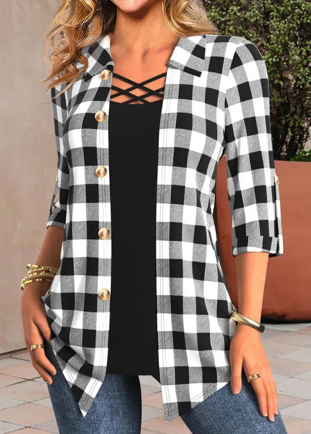 Shirt Collar Black Fake 2in1 Plaid Blouse