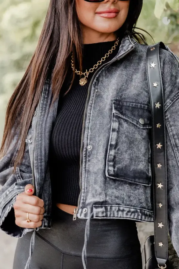 It's Your Choice Black Acid Washed Cropped Denim Jacket