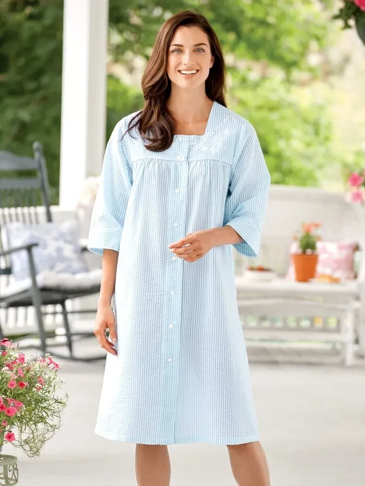 Women's Snap-Front Cotton Seersucker Duster Robe