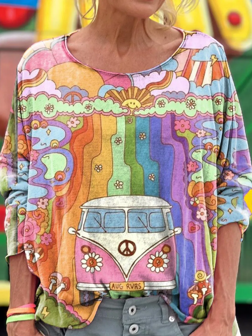 Hippie Peace Bus Rainbow Print Loose Round Neck Women's Long Sleeve T-Shirt