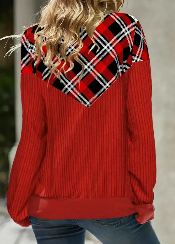 Red Patchwork Plaid Long Sleeve Cowl Neck Sweatshirt