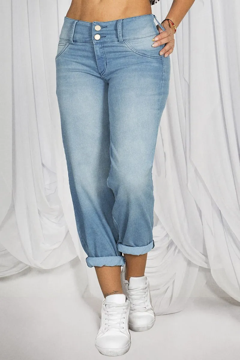 Double Button Roll Hem Low Waist Jeans